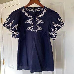 J Crew Navy blue embroidered flutter sleeve cotton top. Sz S
